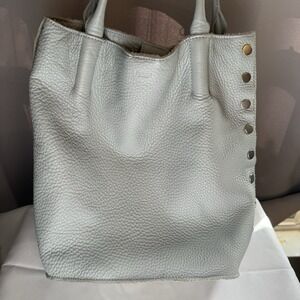 Hammitt Oliver Medium Light Blue Gray  Leather Brushed Silver Tote Bag Purse
